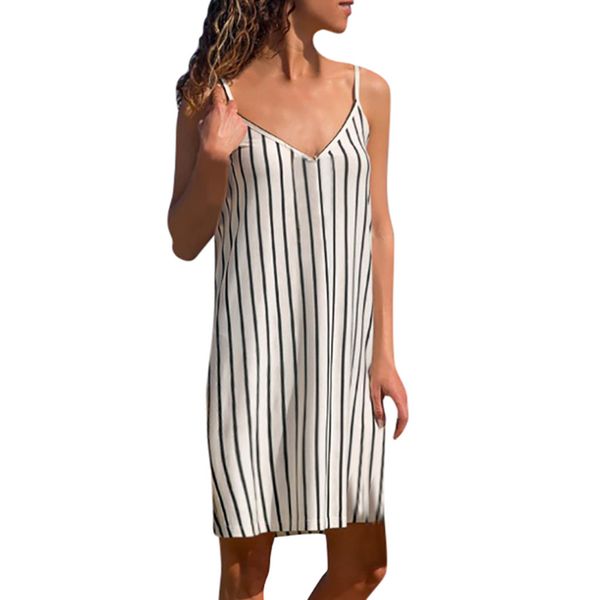 

summer dress 2019 high-end polyester casual dress women summer striped sleeveless v neck holiday party, Black;gray