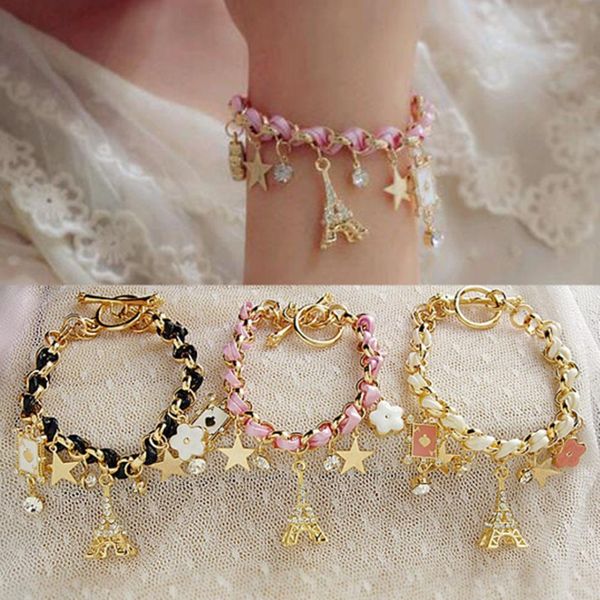 

new sell fashion jewelry multielement gold chain leather rope crystal handmade bracelet eiffel tower star pendant, Black