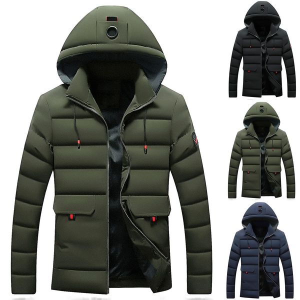 

streetwear men clothes 2019 winter coat men casual winter solid warm zipper long sleeve hooded jacket coat outwear casaco, Black