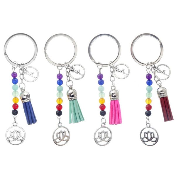 

lotus tassel key chains ring 7 chakra reiki healing yoga natural stone beads flower pendant keychain accessories fashion gift charm keyrings, Slivery;golden