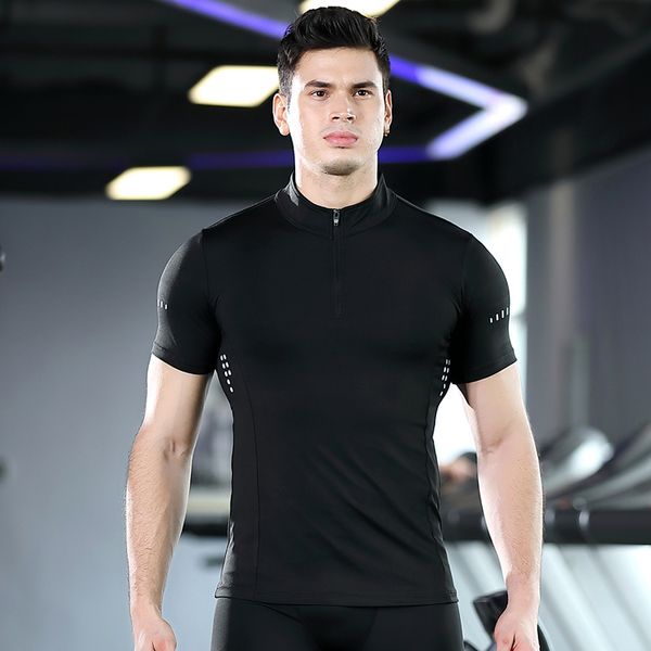 

new quick-dry exercise t-shirt men's high-collar zip-up short-sleeved fitness suit high-stretch quick-dry pro running jacket, Black;blue