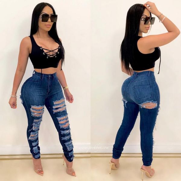 

female ripped jeans women high waist denim holes casual pants blue jeans trousers