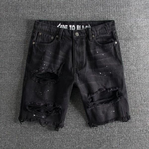 

2019 designer mens fashion jeans washed vintaged splashed ink big hole mens denim shorts with 2 colors asian size s-2xl wholesale, Blue