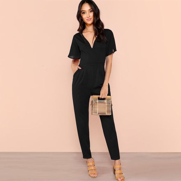 

women jumpsuits black flutter sleeve high waist jumpsuits women summer v neck tapered jumpsuit ol elegant workwear solid jumpsuits, Black;white