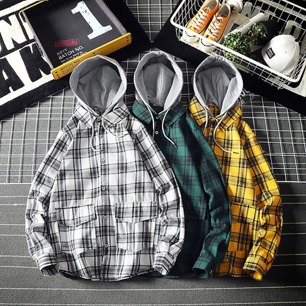 

2019 clothing men plaid hooded shirt long sleeved sweatershirt single breasted cotton hoodies coats fashion and sport blouse, White;black