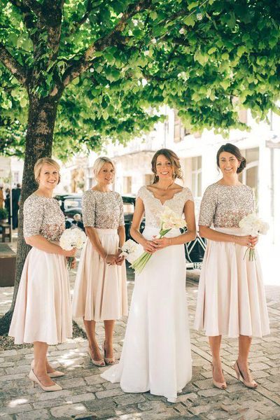 

new blush bridesmaid dresses half sleeves sequins maid of honor dress vintage tea length prom party gowns 2020, White;pink