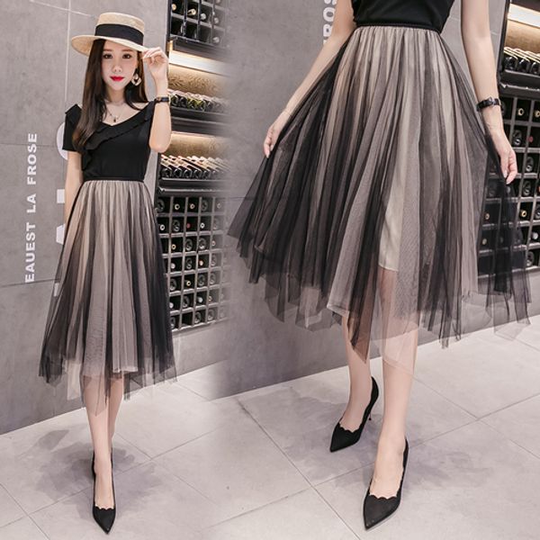 

tingyili pink black mesh skirts womens summer asymmetrical tulle skirt long, Black;gray