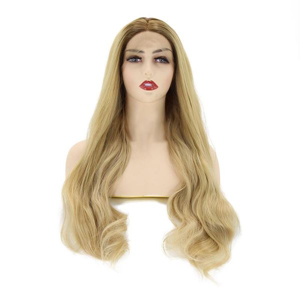 

zigzag brown ombre blonde glueless lace front synthetic wig high temperature fiber for women natural wave middle part hair wigs, Black