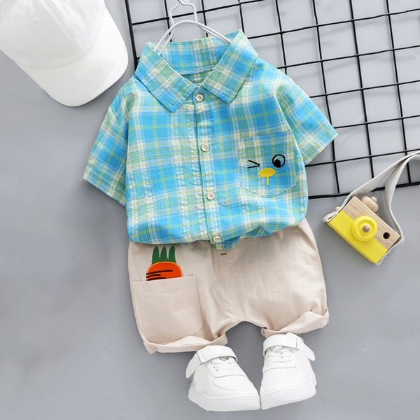 

хлопок лето мальчиков одежда 2pcs с короткими рукавами лацкана клетчатой ​​рубашки футболка + шорты костюм новой детской одежды для 1-5y, White