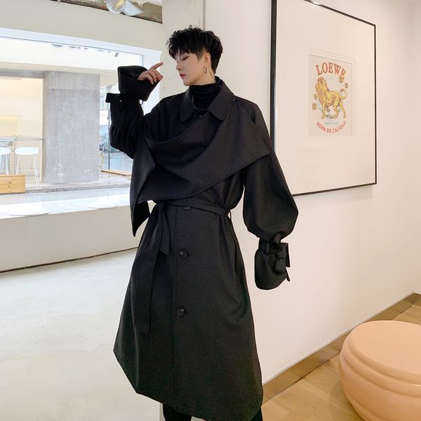 

mixcubic 2019 autumn korean style unique puff sleeve design windbreaker for men casual loose retro asymmetry trench men,s-xl, Black;brown