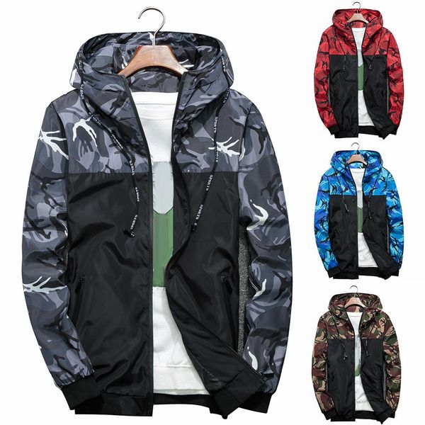 

autumn men casual camouflage print long sleeve zipper hoodie sports jacket coat men's windbreaker coat male outwear, Black;brown