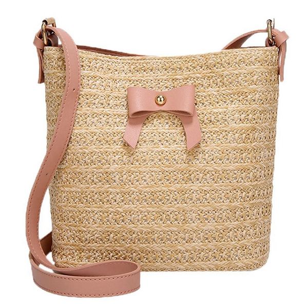 

women summer casual shoulder bow straw woven bucket crossbody bag(pink