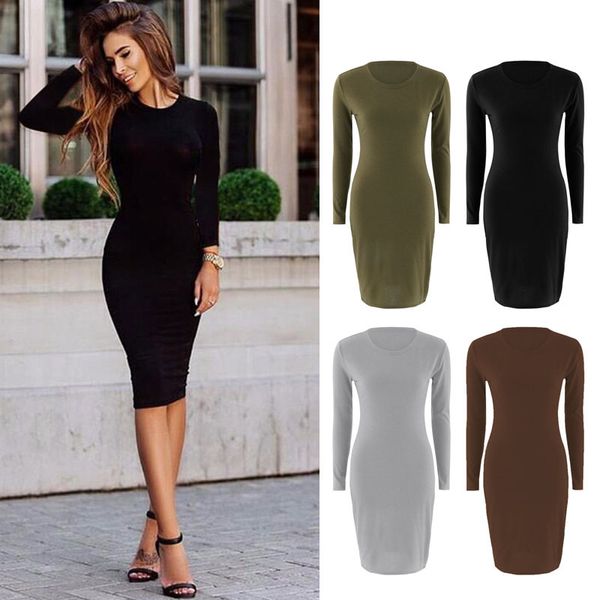 

autumn spring women long sleeve dress bodycon slim fit o-neck casual dresses ser88, Black;gray