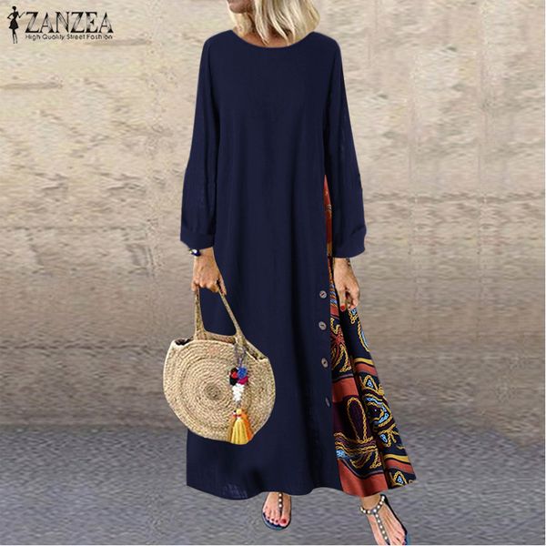 

zanzea women vintage floral printed 3/4 sleeve dress autumn crew neck pacthwork sundress casual retro party vestido robe kaftan7, Black;pink