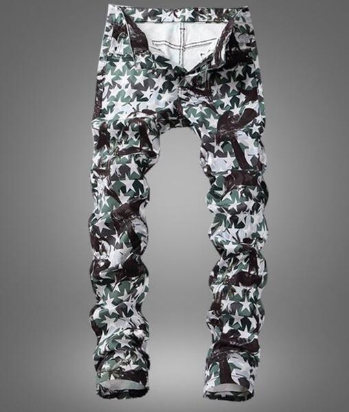 

men's europe the united states south korea version of the new fashion trend slimming personality pentagonal printing small leg trosers, Blue