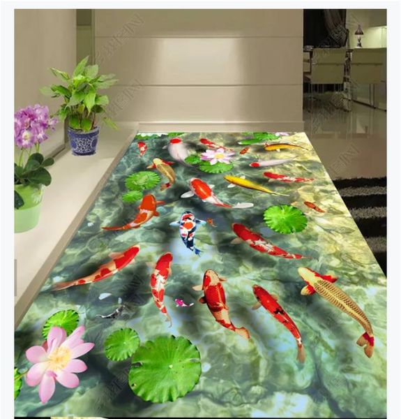 

customized 3d p self-adhesive waterproof floor mural wallpaper stickers 3d lotus pond fish illustration bathroom floor painting