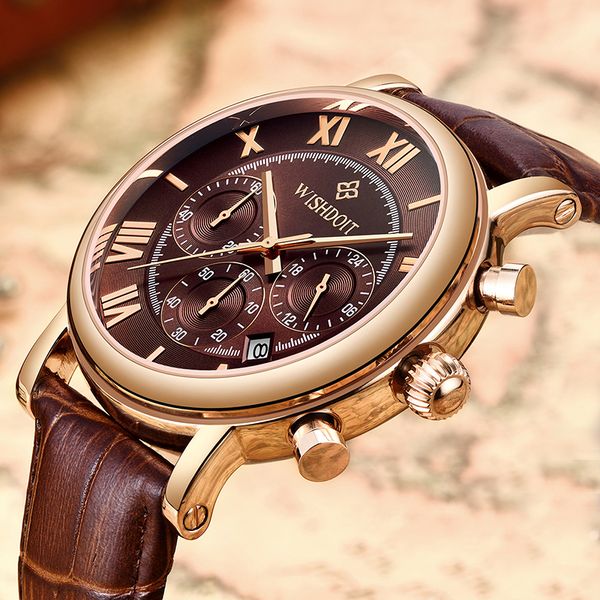 

wishdoit mens watches brand waterproof sports watch automatic date mens casual brown leather quartz clock relogio masculino, Slivery;brown