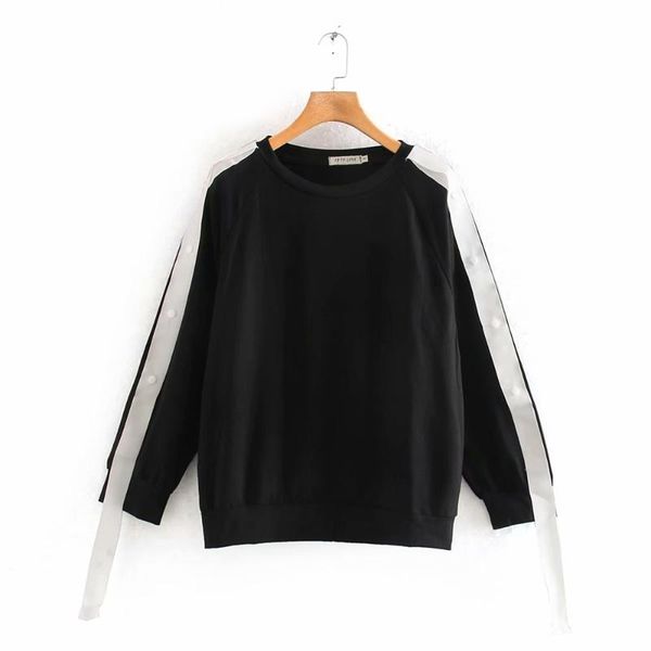 

2020 spring women's new fashion simple sleeve webbing design round collar retro contrast sleeve loose casual hoodies, Black