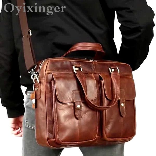 

oyixinger men's briefcase men vintage handbag for men leather lapbag leather porte document office bags for macbook 15.6