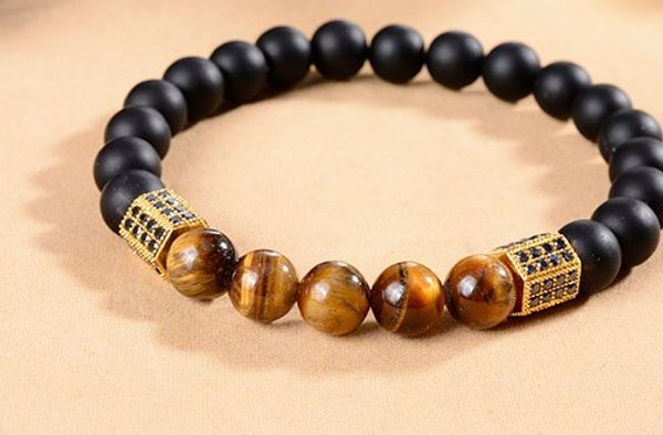 

8mm gu5456 silver gold copper tube micro pave cz zircon cubic zirconia bracelet yellow tigereye black frosted agate onyx bead