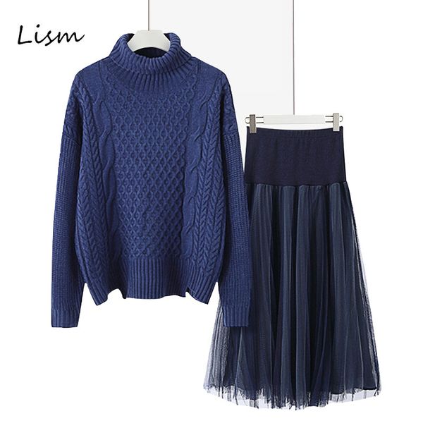 

lism s-5xl plus size women two piece outfits 2019 new spring solid blue turtleneck sweater+ long tulle skirt 2 piece skirt set, White