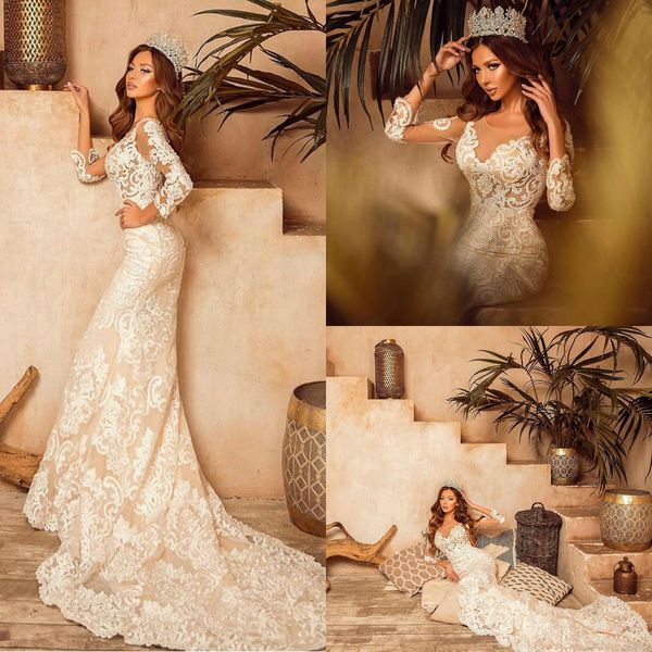 

2020 floral mermaid wedding dresses jewel long sleeves illusion appliques lace bridal gown custom made sweep train vestidos de novia, White