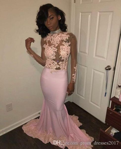 

african pink mermaid prom dresses high neck sheer long sleeves beads appliqued lace evening dresses black girl prom gowns
