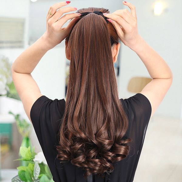 22 Long Curly Synthetic Ponytail Light Brown Drawstring Clip In
