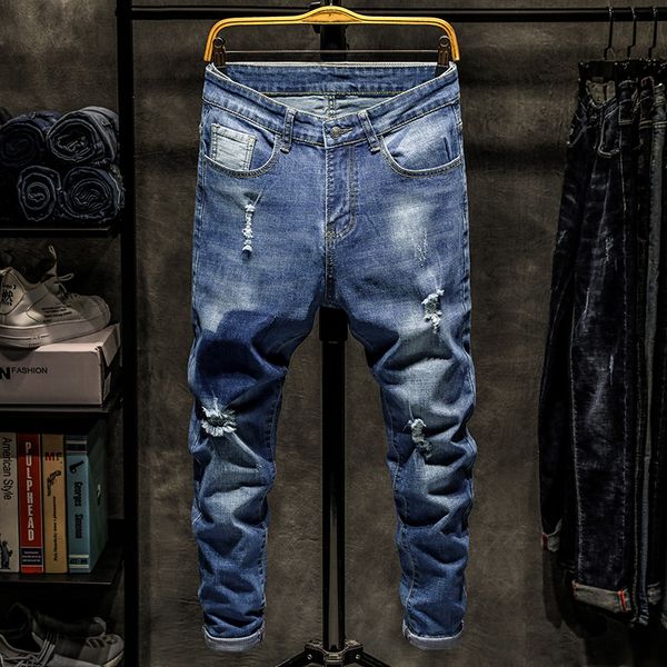 

spring summer 2019 ankle-length pants men jeans denim bleached hole distressed skinny stretch vintage male retro cowboy jeans, Blue