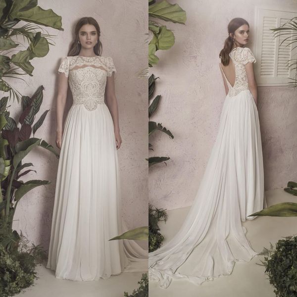 

fashion wedding dresses capped sleeves appliques lace chiffon bridal gowns custom made backless sweep train a-line wedding dress, White