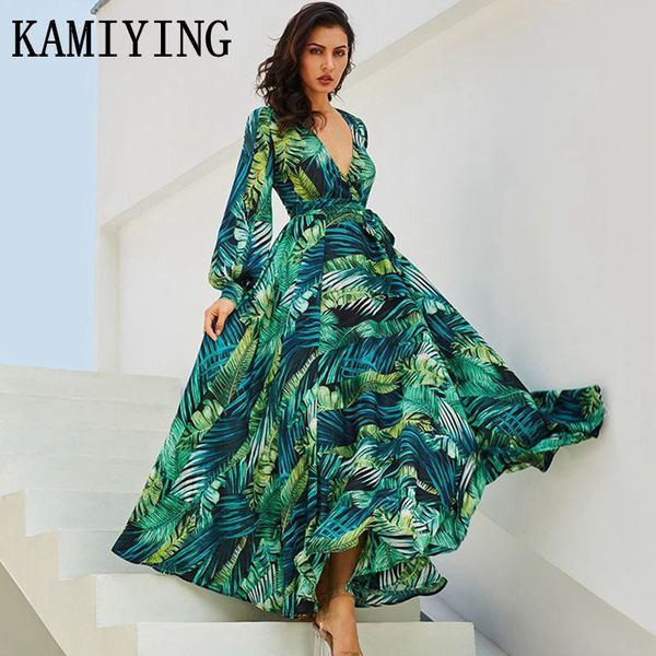 

summer long sleeve green leaf print dress boho beach maxi dress casual v neck belt lace up tunic draped plus size dress vestidos, Black;gray
