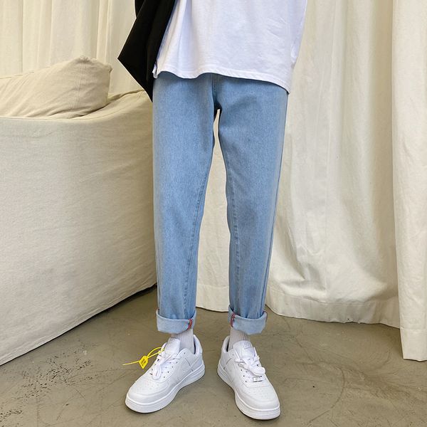 

summer jeans men's slim fashion washed solid color casual jeans pants men streetwear wild hip hop straight denim trousers mens, Blue