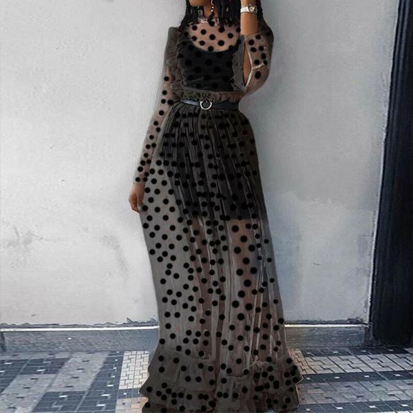 

boho women see-through cover-up blouse dot maxi dress beach party long sleeve maxi shirt dress, Black;gray