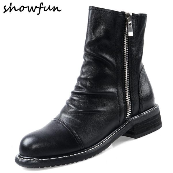 

women's genuine leather pleated flats ankle boots side zip round toe female short booties autumn boots shoes, Black