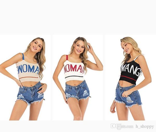 

women's color matching letters sleeveless sling knit vest women's summer shorts, White