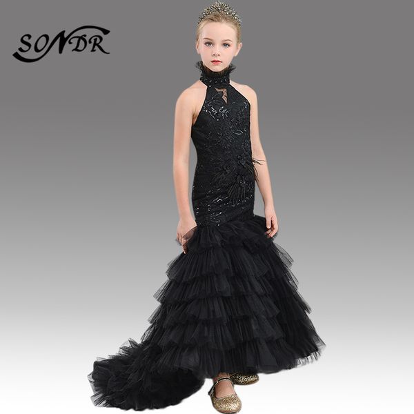 

black ruched kids party dress ht092 halter sleeveless flower girl dresses 2020 shiny sequined mermaid princess girls ball gowns, Red;yellow