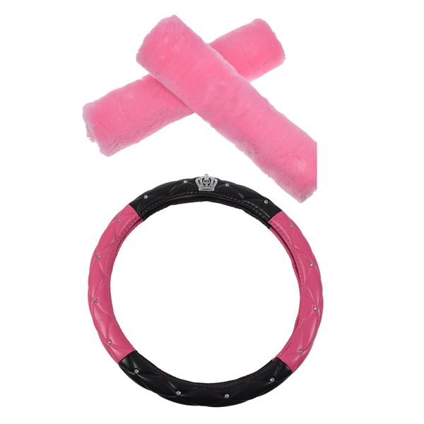 

3 pcs cover: 1 pcs black+rose red pu leather car steering wheel cover 15 inch & 2 pink plush car seat belt shoulder pads cov