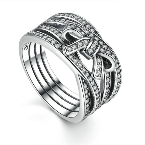 

charm cross bow ring for pandora 925 sterling silver classic ladies ring holiday gift with original box with logo, Slivery;golden