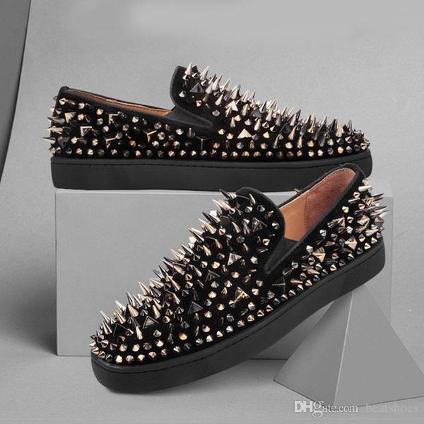 

designer casual spikes shoes loafers 100% real leather red bottom slip on platform casual spikes sneakers wedding party flats shoes sz 5-12, Black
