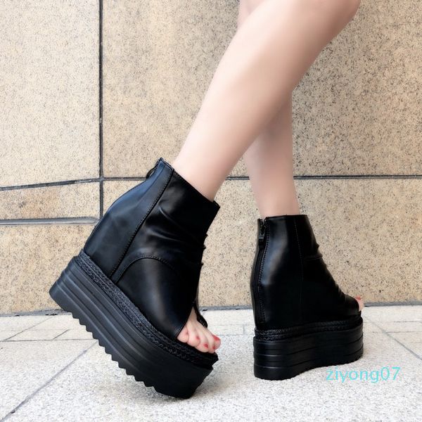 

european wedges with high-heeled sandals muffin thick-bottom fish mouth shoes new internal increase women's shoes cool boots13cm zz7, Black