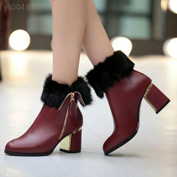 

boots women short boots 2019 high grade winter new leather high-heeled women's boots plus velvet thick short leather boot, Black