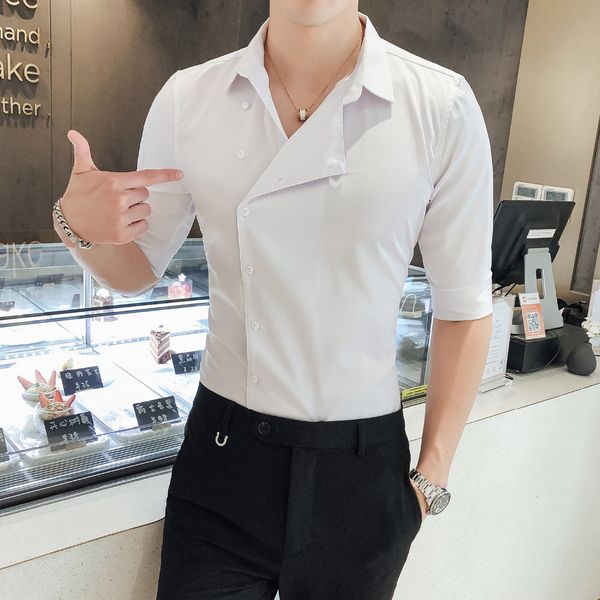 

men shirt summer personality partial threshold tuxedo shirt casual half sleeve all match streetwear slim fit mens dress shirts, White;black