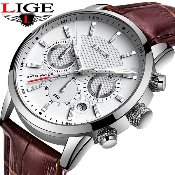 

lige brand leather brown strap waterproof luminous dial chronograph luxury quartz sport men's watch reloj hombre, Slivery;brown