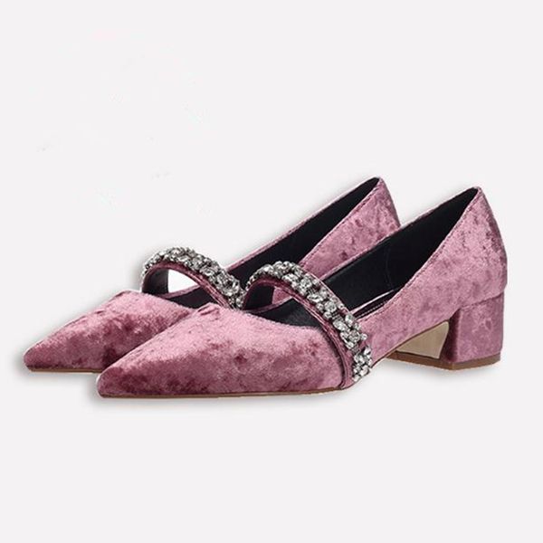 

fashion rhinestone high heels low heel pointed pink velvet bridesmaid shoes retro crude heel mary jane shoes women pumps heels, Black