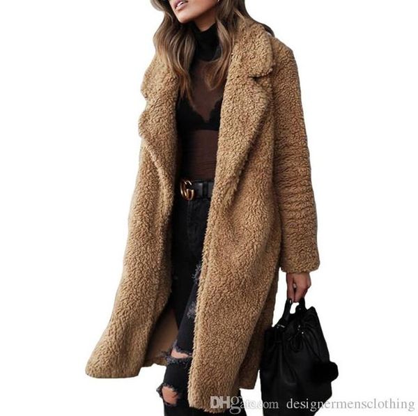

females long coats winter plush lapel neck fashion cardigan wool coats casual solid color women outerwear, Black