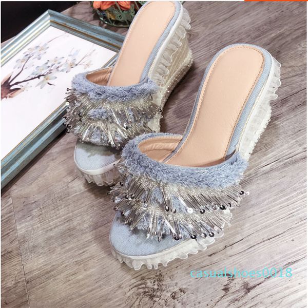 

homemade heavy duty rhinestone tassel custom lace cute denim wedge with platform grass sandals drag sandals c18, Black