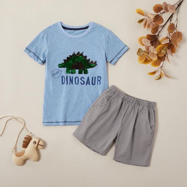 

patpat 2020 new summer trendy letter embroidered paillette dinosaur tee and solid pants set kids boy short-sleeve clothes, White