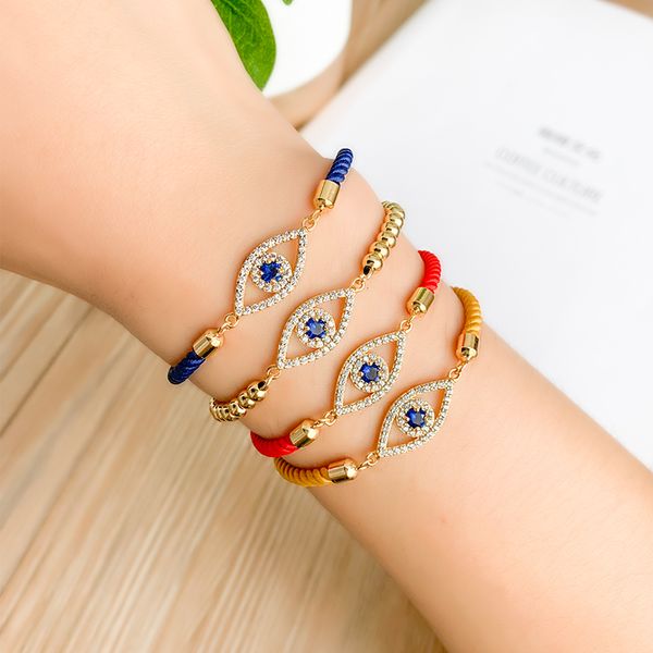 

gold evil eye braided rope bracelet for women cz rainbow turkish black copper inlay zircon blue crystal bracelet girls jewelry