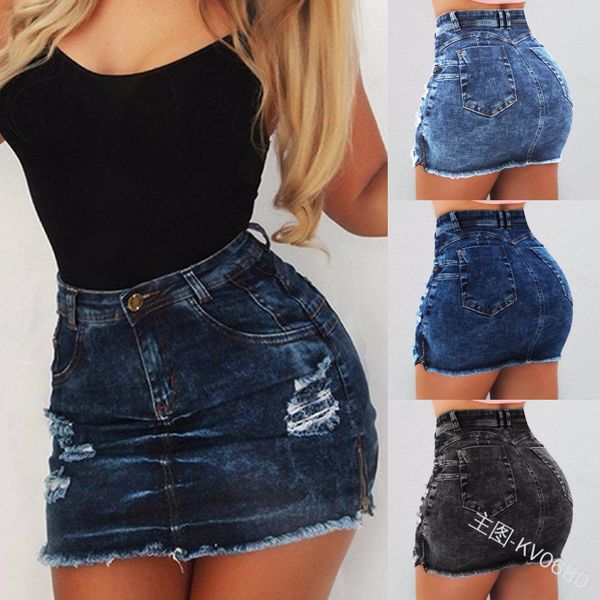 

summer fashion high waist skirts womens pockets button washed holes denim skirt 2019 new casual jeans skirt, Black