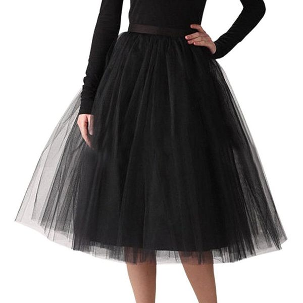 

2019 fashion womens pleated gauze knee length solid color dance tulle skirt tutu dancing midi skirt jupe, Black